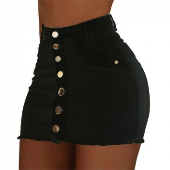 Brand New Women Stretch High Waist Solid Skirt Summer Button Denim Solid Short Mini Jeans Denim Pencil Skirts